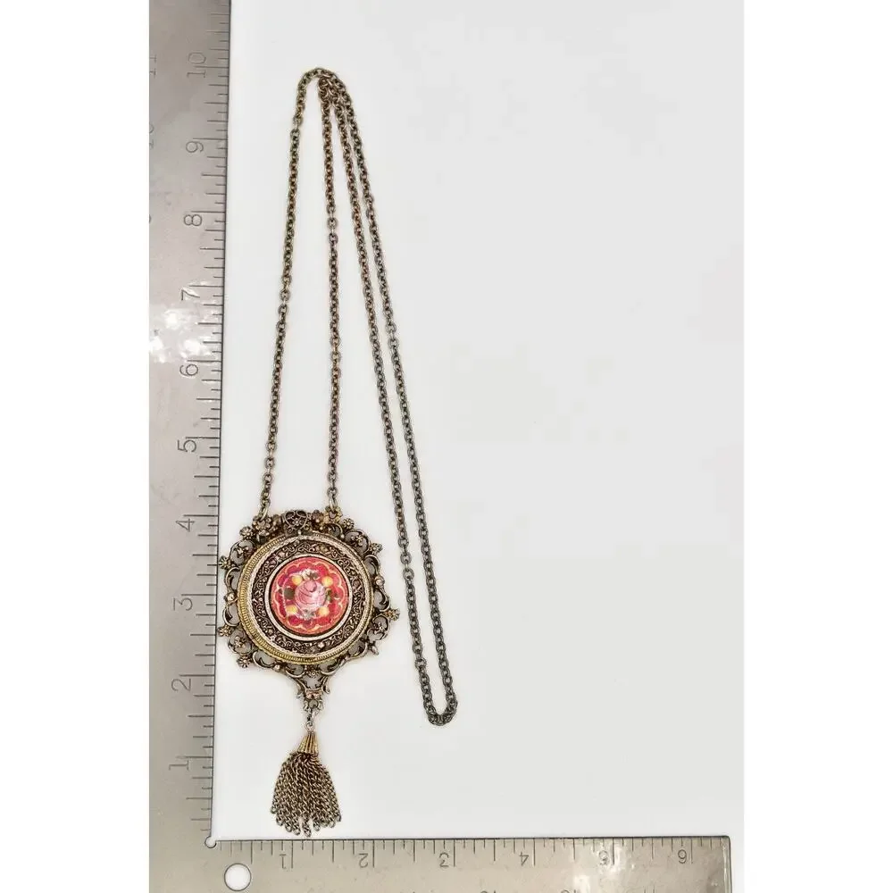 Vintage Locket Pendant Tassel Necklace Rose Painted Floral Heavy Antiqued BinA17
